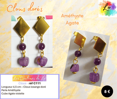 Boucles clous losange doré Améthyste Agate Les Couleurs de Lo