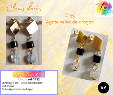 Boucles clous losange doré Onyx Agate Les Couleurs de Lo