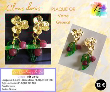 Boucles clous fleur Plaqué or feuille verre Grenat Les Couleurs de Lo