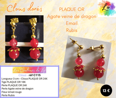 Boucles clous Plaqué or Agate fleur émail rouge Rubis Les Couleurs de Lo