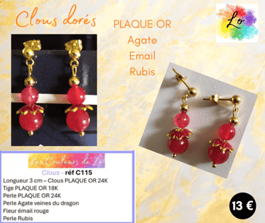 Boucles clous Plaqué or Agate fleur émail rouge Rubis Les Couleurs de Lo