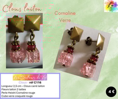 Boucles clous carré laiton fleurs laiton Cornaline rouge cube verre craquelé Les Couleurs de Lo