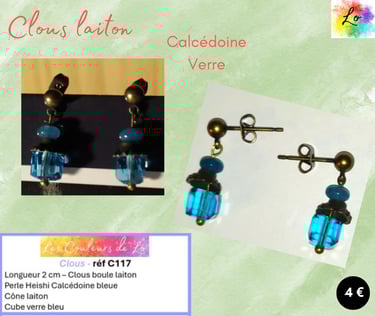 Boucles clous laiton Calcédoine bleue cône laiton cube verre bleu Les Couleurs de Lo