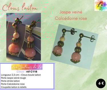 Boucles clous laiton Jaspe veiné perle laiton Calcédoine rose Les Couleurs de Lo