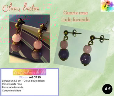 Boucles clous laiton Quartz rose coupelles laiton Jade lavande Les Couleurs de Lo