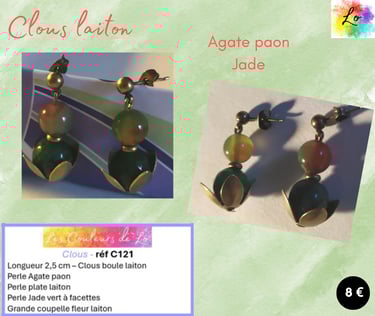 Boucles clous laiton Agate paon Jade vert à facettes grande fleur laiton Les Couleurs de Lo