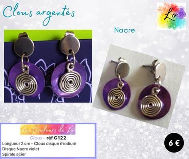 Boucles clous argentés disque Nacre violet spirale acier Les Couleurs de Lo