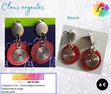 Boucles clous argentés disque Nacre rouge spirale acier Les Couleurs de Lo