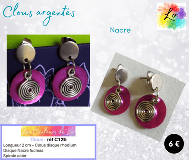 Boucles clous argentés disque Nacre fuchsia spirale acier Les Couleurs de Lo