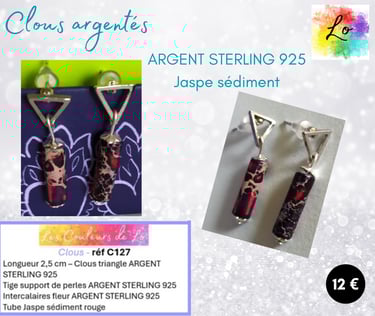 Boucles clous triangle Argent sterling 925 Jaspe sédiment Les Couleurs de Lo