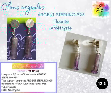 Boucles clous Argent sterling 925 Fluorite Améthyste Les Couleurs de Lo