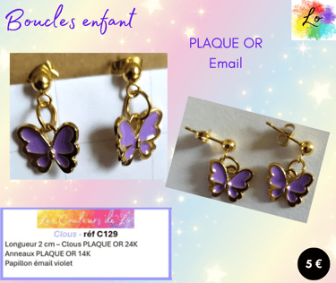 Boucles clous Plaqué or papillon émail violet Les Couleurs de Lo