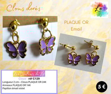 Boucles clous Plaqué or papillon émail violet Les Couleurs de Lo