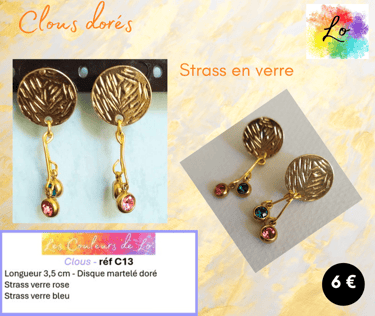 Boucles clous dorés disque strié strass verre rose verre bleu Les Couleurs de Lo