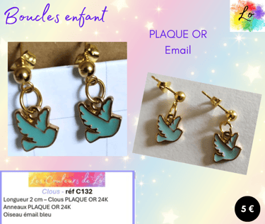Boucles clous Plaqué or oiseau émail bleu Les Couleurs de Lo