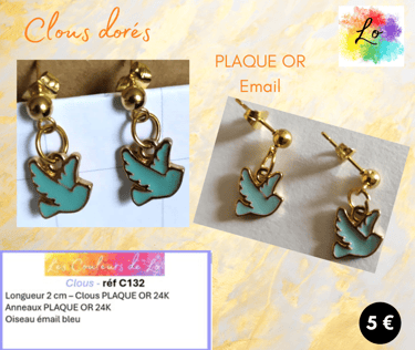 Boucles clous Plaqué or oiseau émail bleu Les Couleurs de Lo