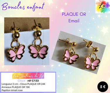 Boucles clous Plaqué or papillon émail rose Les Couleurs de Lo