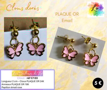 Boucles clous Plaqué or papillon émail rose Les Couleurs de Lo