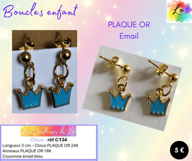 Boucles clous Plaqué or couronne émail bleu Les Couleurs de Lo