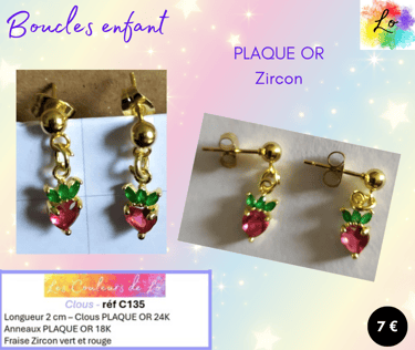 Boucles clous Plaqué or fraise zircon rouge vert Les Couleurs de Lo