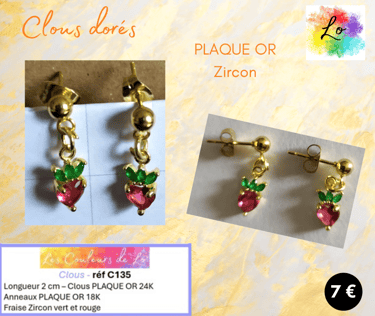 Boucles clous Plaqué or fraise Zircon rouge vert Les Couleurs de Lo