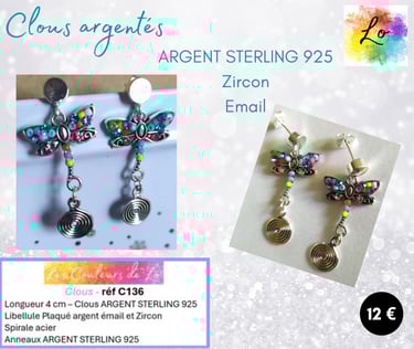 Boucles clous Argent Sterling libellule Plaqué argent Zircon émail spirale acier Les Couleurs de Lo