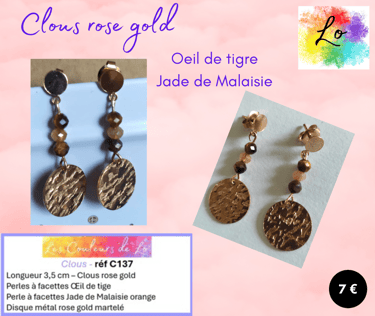Boucles clous rose gold Œil de tigre Jade de Malaisie disque martelé Les Couleurs de Lo