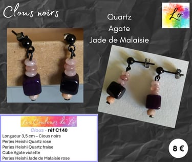 Boucles clous noirs Quartz rose Quartz fraise Agate violette Jade de Malaisie Les Couleurs de Lo