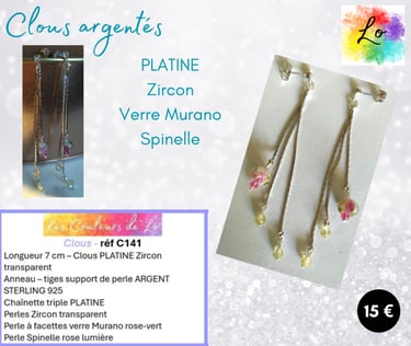 Boucles clous Platine Zircon chaînette triple verre Murano Spinelle Les Couleurs de Lo