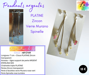 Boucles pendants Platine chaînette Zircon verre Murano Spinelle Les Couleurs de Lo