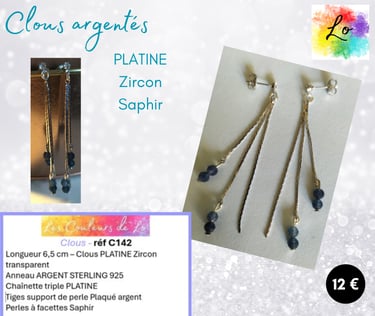 Boucles clous Platine Zircon chaînette triple Saphir Les Couleurs de Lo