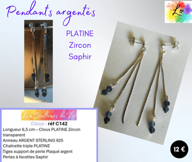 Boucles pendants Platine Zircon chaînette triple Saphir Les Couleurs de Lo