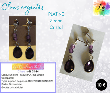 Boucles clous Platine Zircon cristal violet Les Couleurs de Lo