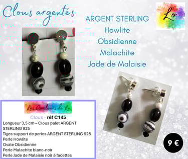 Boucles clous Argent Sterling Howlite Obsidienne Malachite Jade de Malaisie Les Couleurs de Lo