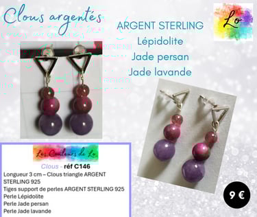 Boucles clous Argent Sterling Lépidolite Jade persan Jade lavande Les Couleurs de Lo