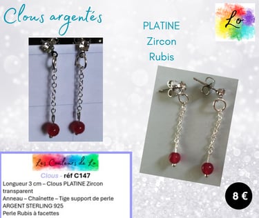 Boucles clous Platine Zircon chaînette Argent Sterling Rubis Les Couleurs de Lo
