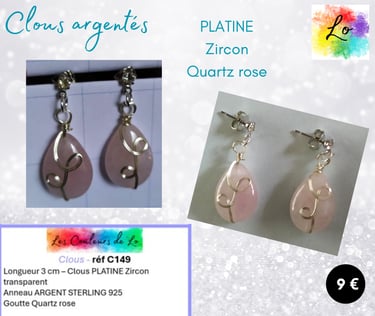 Boucles clous Platine Zircon Quartz rose Les Couleurs de Lo