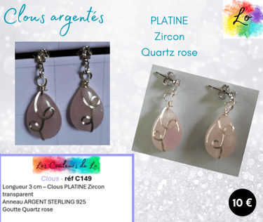 Boucles clous Platine Zircon Quartz rose Les Couleurs de Lo