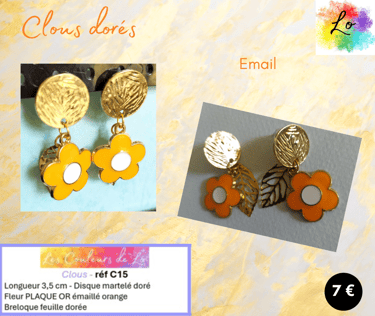 Boucles clous dorés fleur émail orange Les Couleurs de Lo