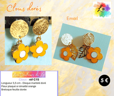 Boucles clous dorés disque strié fleurs émail orange Les Couleurs de Lo