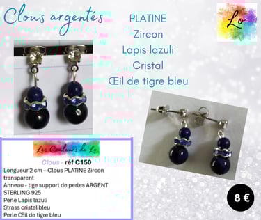 Boucles clous Platine Zircon Lapis lazuli Strass cristal Œil de tigre bleu Les Couleurs de Lo