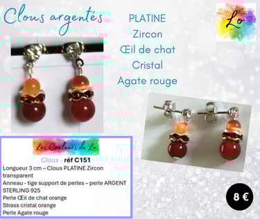 Boucles clous Platine Zircon Œil de chat strass cristal Agate rouge Les Couleurs de Lo