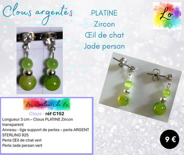 Boucles clous Platine Zircon Œil de chat strass cristal Jade persan vert Les Couleurs de Lo