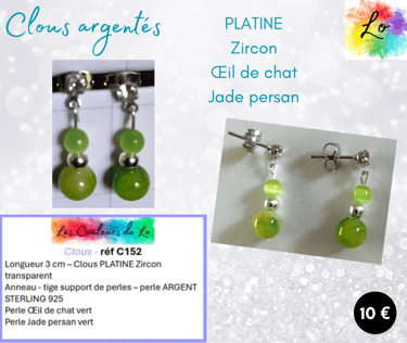 Boucles clous Platine Zircon Œil de chat strass cristal Jade persan vert Les Couleurs de Lo