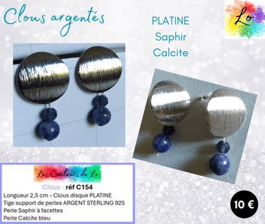 Boucles clous Platine Saphir Calcite bleu Les Couleurs de Lo