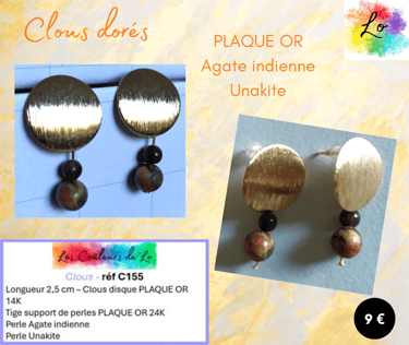 Boucles clous Plaqué or Agate indienne Unakite Les Couleurs de Lo