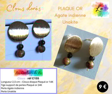 Boucles clous Plaqué or Agate indienne Unakite Les Couleurs de Lo