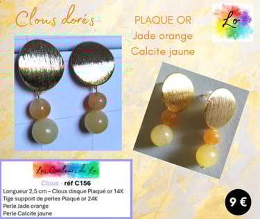 Boucles clous Plaqué or Jade orange Calcite jaune Les Couleurs de Lo