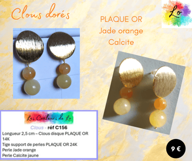 Boucles clous Plaqué or Jade orange Calcite jaune Les Couleurs de Lo