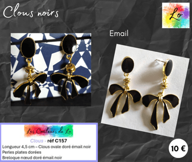 Boucles clous émail noir nœud émail noir Les Couleurs de Lo